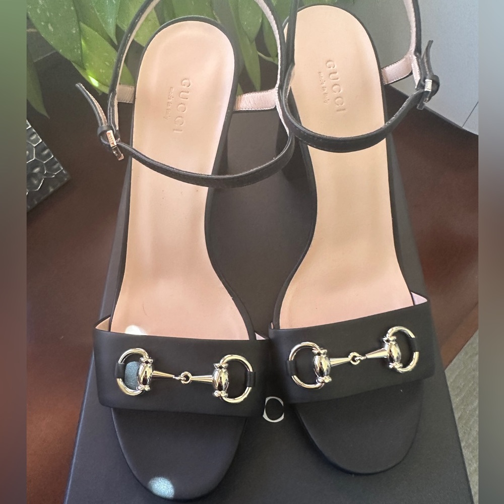 Gucci Horsebit Black Leather Block Heel Sandals